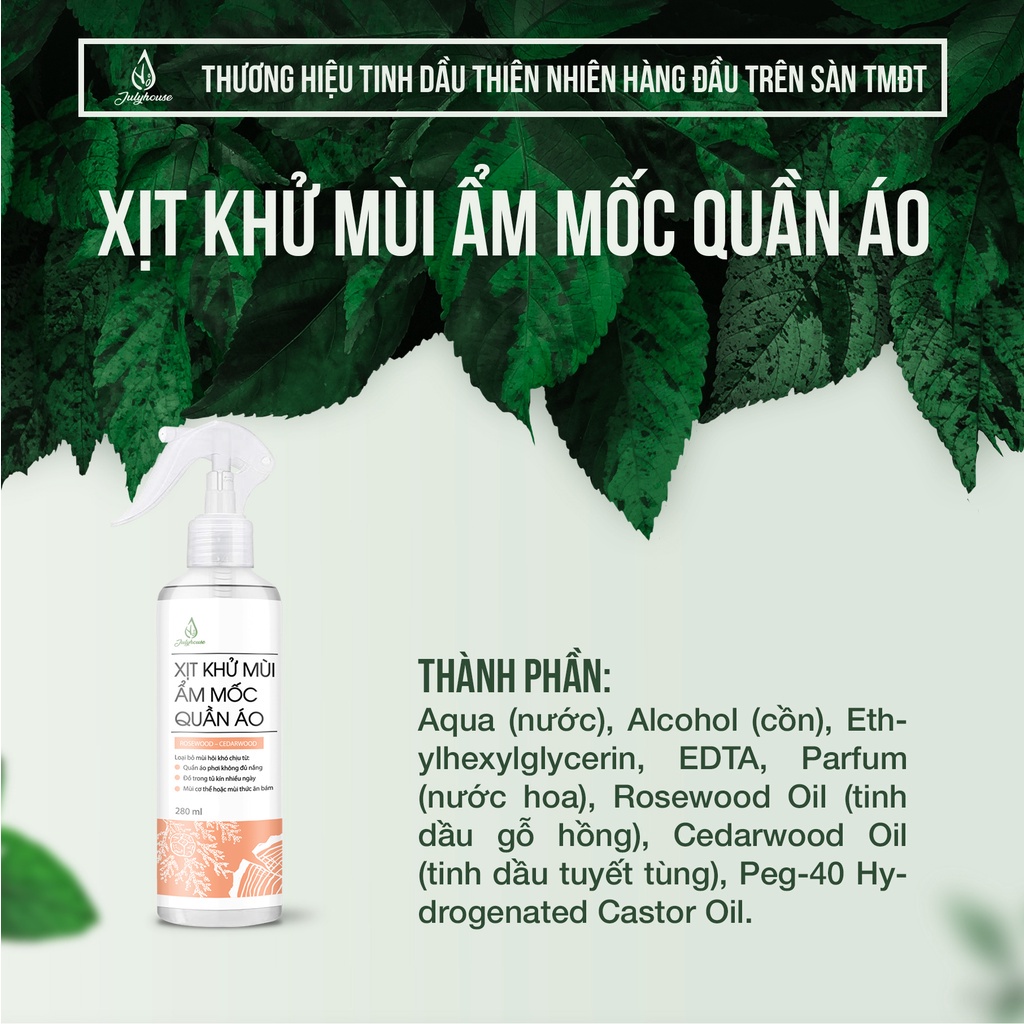 Xịt thơm quần áo khử mùi ẩm mốc JULYHOUSE dung tích 20ml/280ml