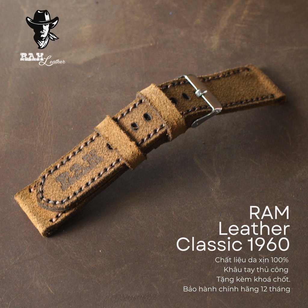 Dây Đồng Hồ Da Thật RAM Leather 1960 Da Bò Lộn Nâu Đậm Da Bò Thật Bền Đẹp