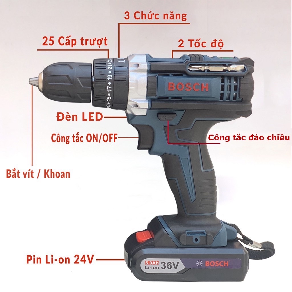 Máy Khoan Pin Bosh 36v - 3 chức năng - 25 cấp trượt - tặng 24 phụ kiện