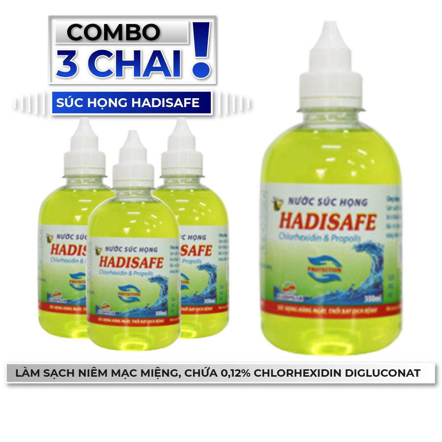 Combo 3 súc họng Hadisafe chứa Chlorhexidin digluconat làm sạch khoang miệng