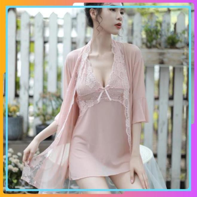 Bộ đồ ngủ áo choàng kèm váy ngủ 2 DÂY voan thun co giãn cao cấp, đầm ngủ mềm mại sang chảnh kimono nhật bản | BigBuy360 - bigbuy360.vn