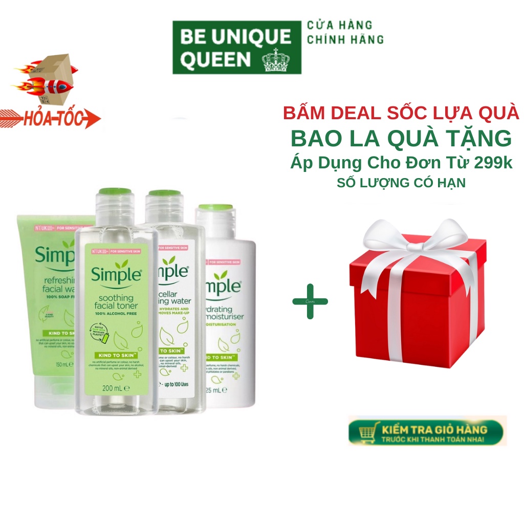 Combo Bộ Dưỡng Da Simple 5 Món Cho Da Dầu Mụn Nhay Cảm Chính Hãng (Sữa Rửa Mặt , Tẩy Trang , Toner , Kem Dưỡng ,Lăn Mắt)