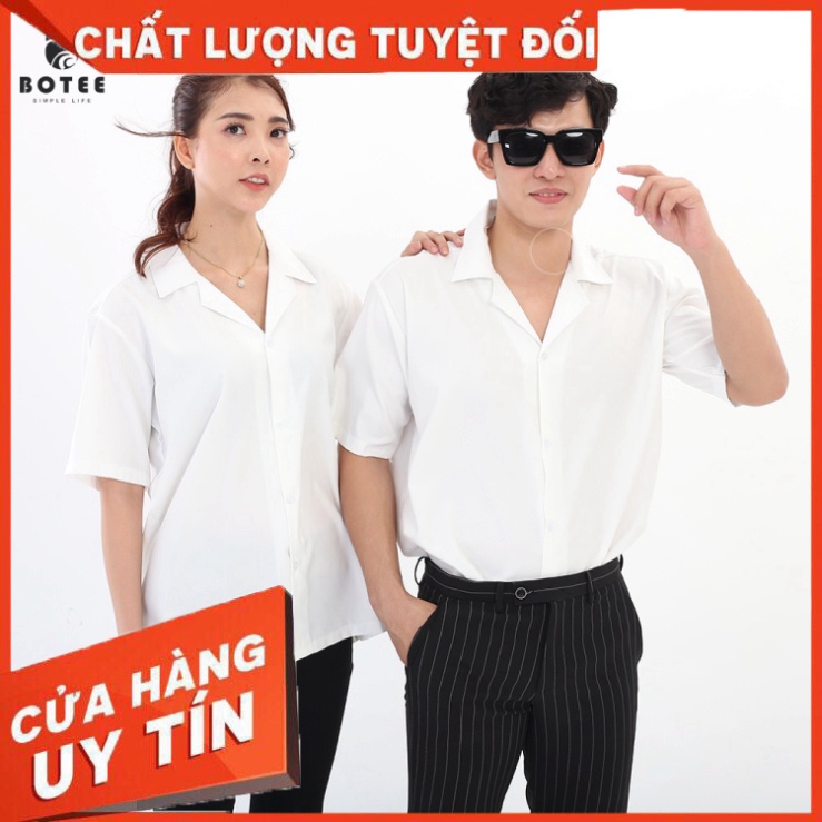 Áo sơ mi ngắn tay Trắng cổ Vest BOTEE vải lụa mềm mại form rộng unisex nam nữ - Hàng nhập khẩu