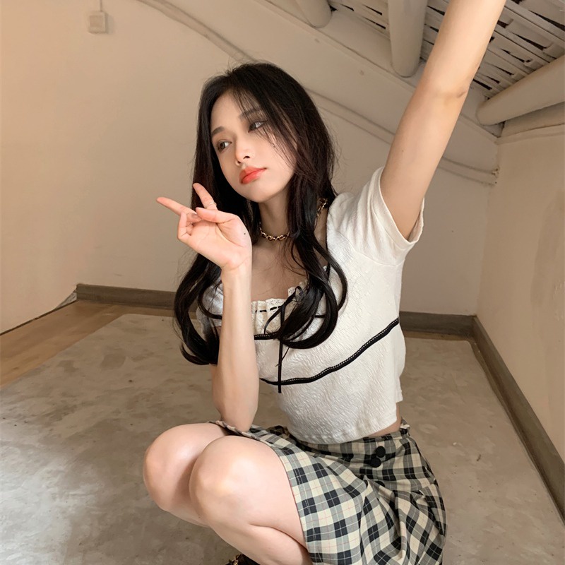 Áo ZHELIHANGFEI ngắn tay cổ Vuông phối ren xinh xắn thời trang