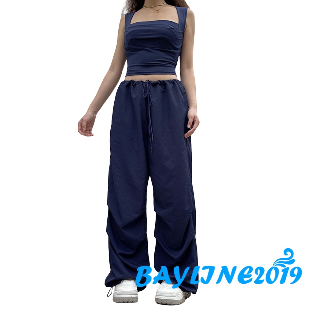 Quần ống rộng Lưng Thun Phối Dây Rút Co Giãn Màu Trơn Phong Cách Đường Phố Y2K Dành Cho Nữ