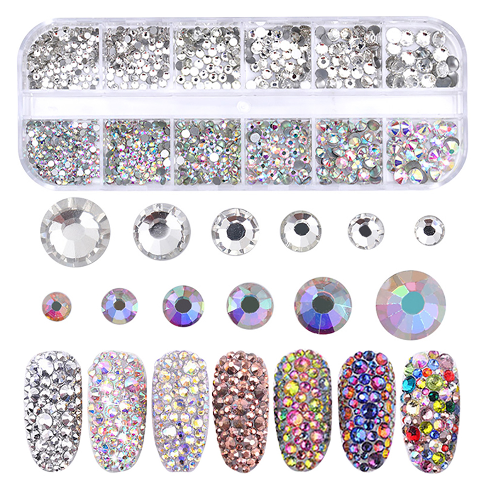 1440 Pcs/ Box 3D Rhinestones Nail Art Decoration/ Mixed Colors Nail Flat Diamond Stickers/ DIY Crystal Glitter Manicure Charms