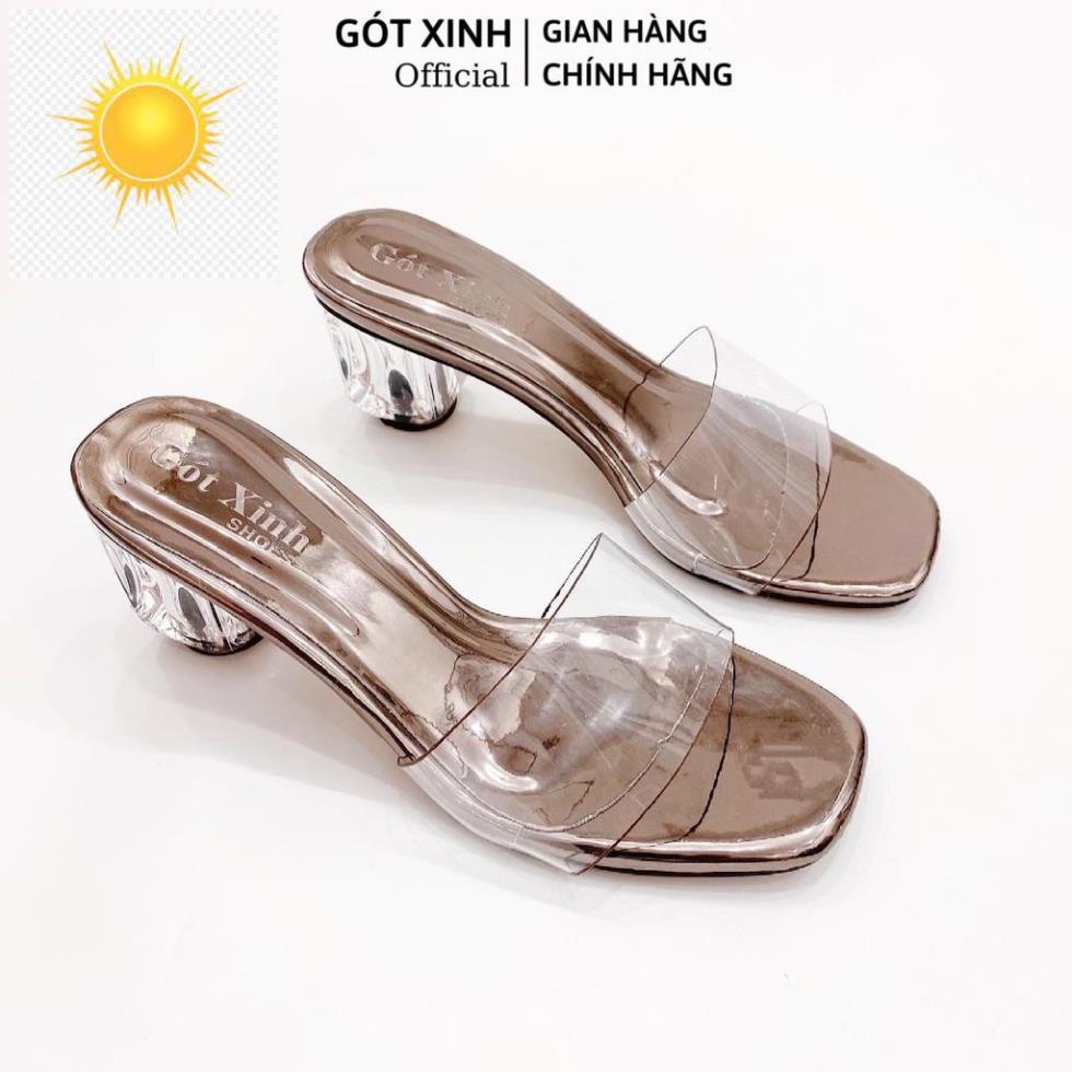 ️🎽 Dép cao gót nữ GÓT XINH D18 màu chì mũi vuông quai ngang mika trong cao 3cm ️🎽
