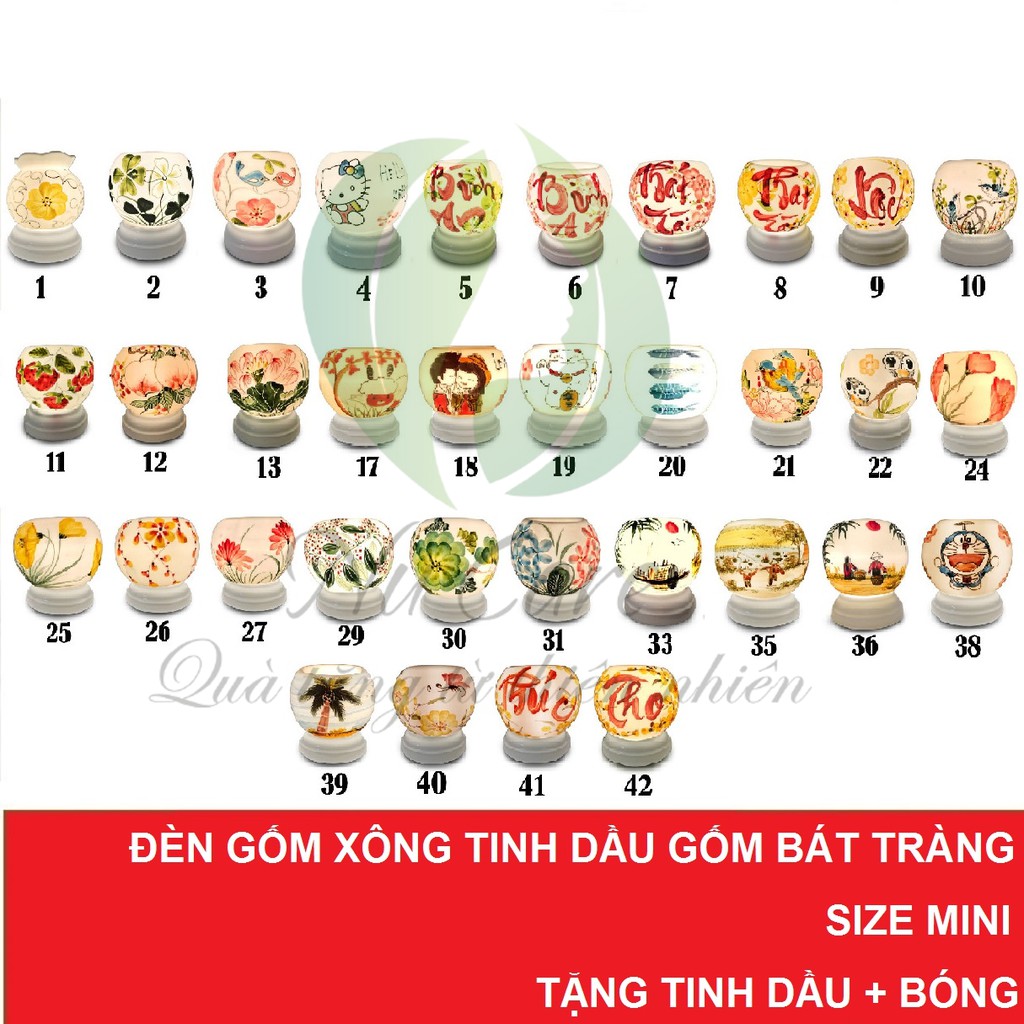 Đèn Xông Tinh Dầu Gốm Bát Tràng kèm Tinh Dầu Nguyên Chất thư giãn, đuổi muỗi, khử mùi (Chọn Mùi) + 1 Bóng Đèn Dự Phòng