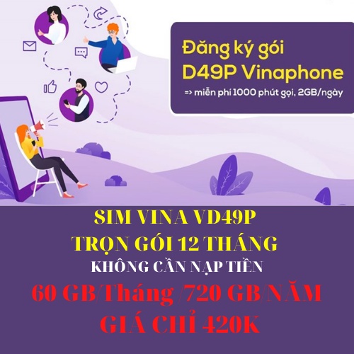 Sim VINA 3G 4G Vinaphone Trọn Gói 1 Năm 60GB DATA /tháng) Thoại thả ga, Data cực khủng chỉ 35K