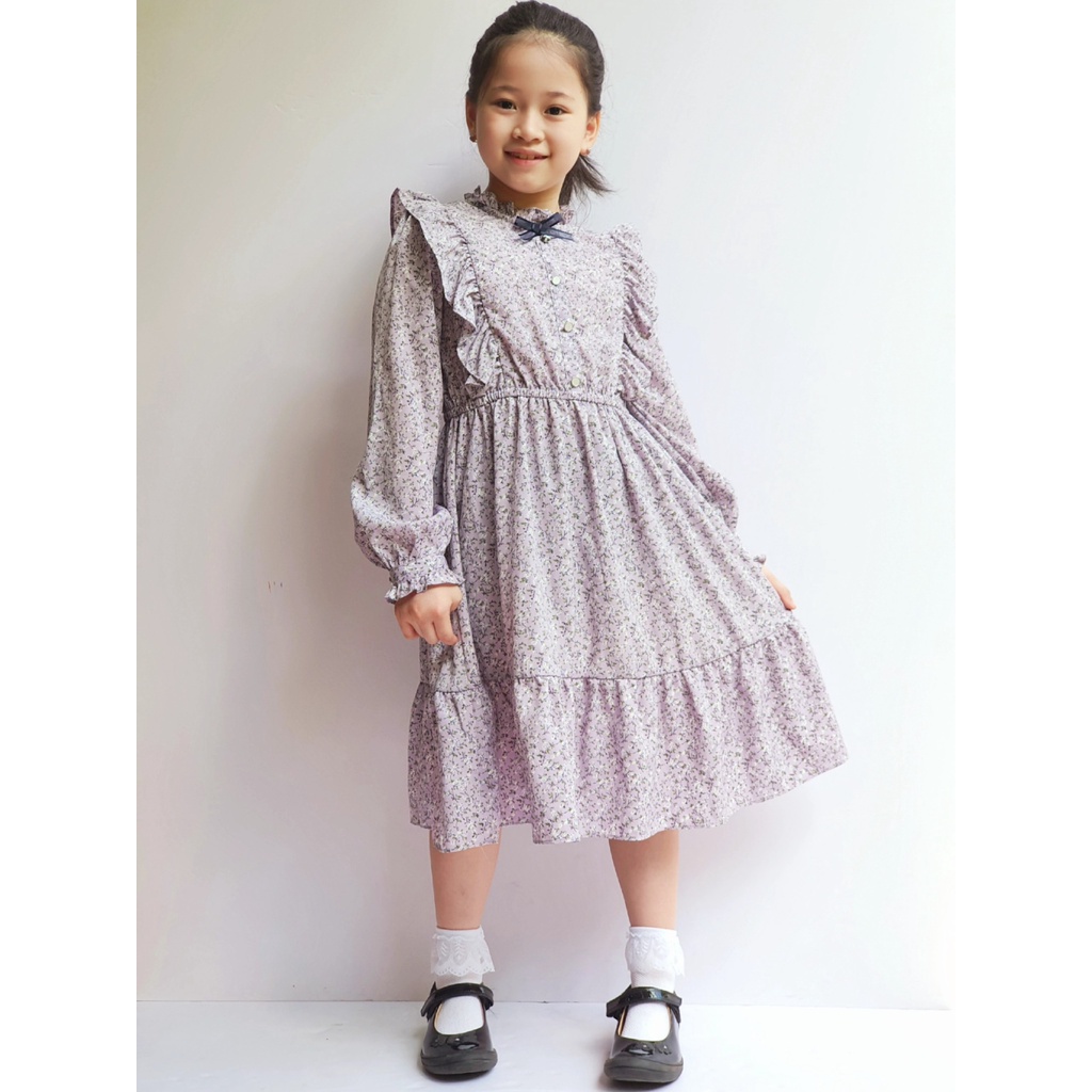 MOV2287 Váy tím hoa nhí nơ cổ