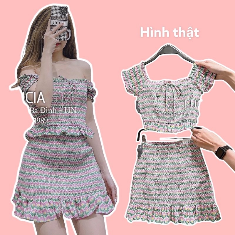 (HÀNG SHOP)Set hoa trễ vai nhún chân váy ôm đuôi cá tôn dáng hack vòng 3(CAM KẾT LOẠI 1)