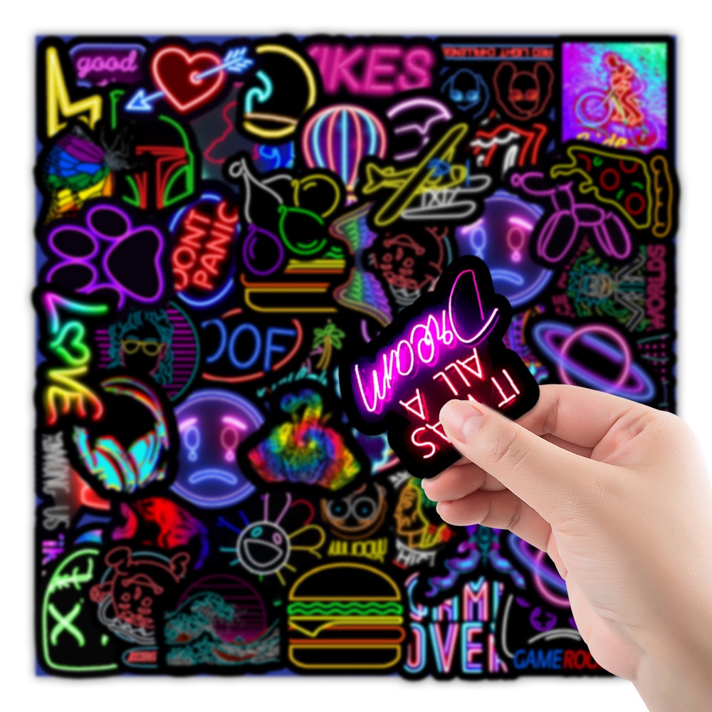 50 Sticker chống nước MÀU NEON NEW miếng dán graffiti dán mũ bảo hiểm, laptop cốc nước ván trượt