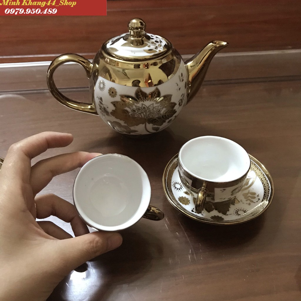 [BÁT TRÀNG]Bộ ấm trà,ấm chén uống trà,ly,tách hoa văn tinh sảo màu vàng đồng hoàng gia,quà tặng ý nghĩa