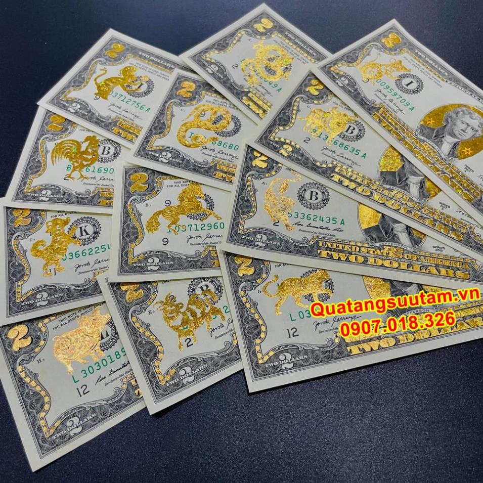 Tờ 2 Đô, 2 USD In Hình 12 Con Giáp Mạ Vàng 3D Kỷ Niệm Làm Quà Tặng, Sưu Tầm, Trang Trí
