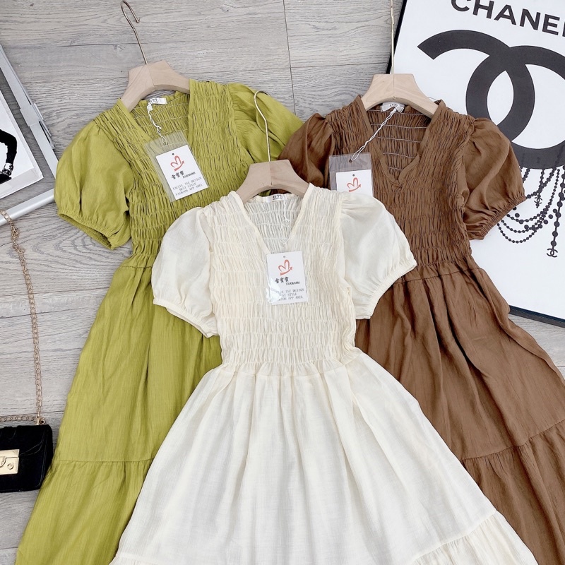 [ 𝐅𝐑𝐄𝐄 𝐒𝐇𝐈𝐏 ] VÁY MAXI CỔ V CHUN NGỰC XÒE TẦNG SIÊU XINH VẢI ĐŨI TƠ SỌC NHĂN QC