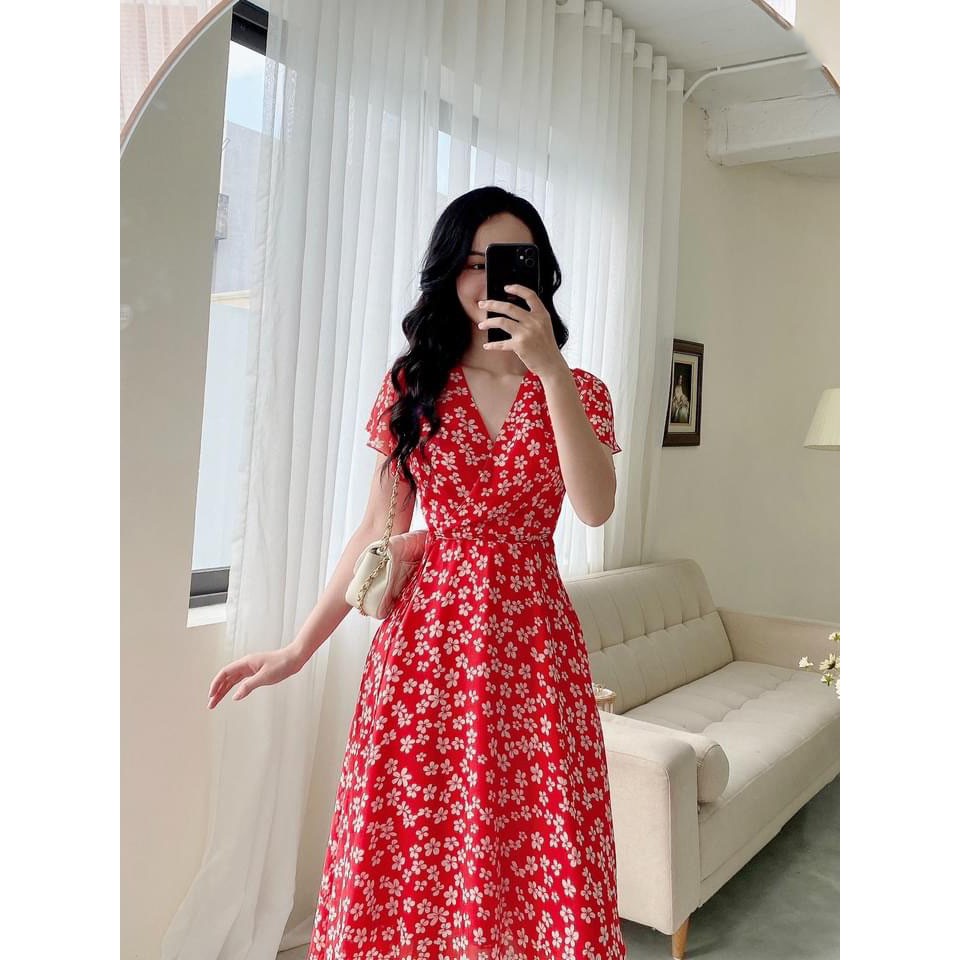 Đầm du lịch, đi biển họa tiết hoa buộc eo màu đỏ đủ 4 size e-1231 | BigBuy360 - bigbuy360.vn