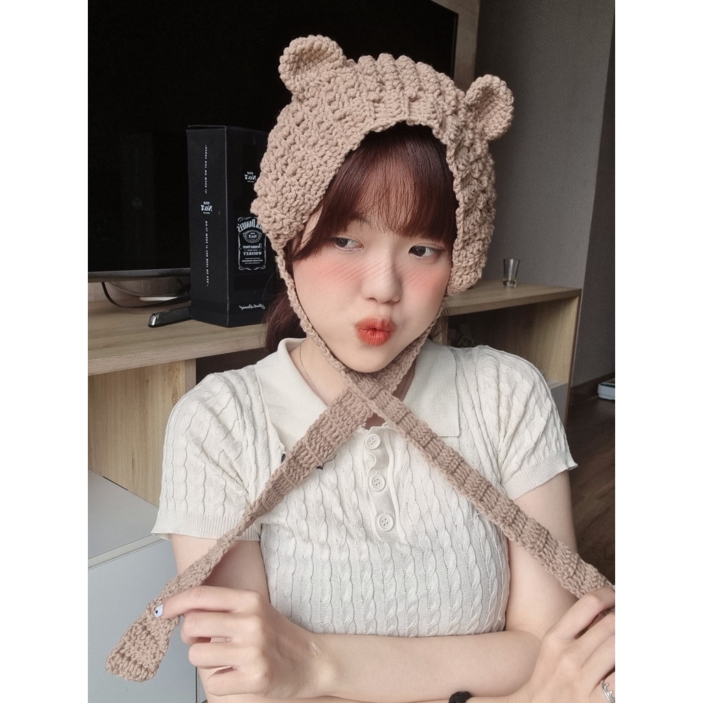 Nón Len/Mũ Chùm Đầu Tai Gấu Handmade Dễ thương Cute Phong Cách Hàn Quốc
