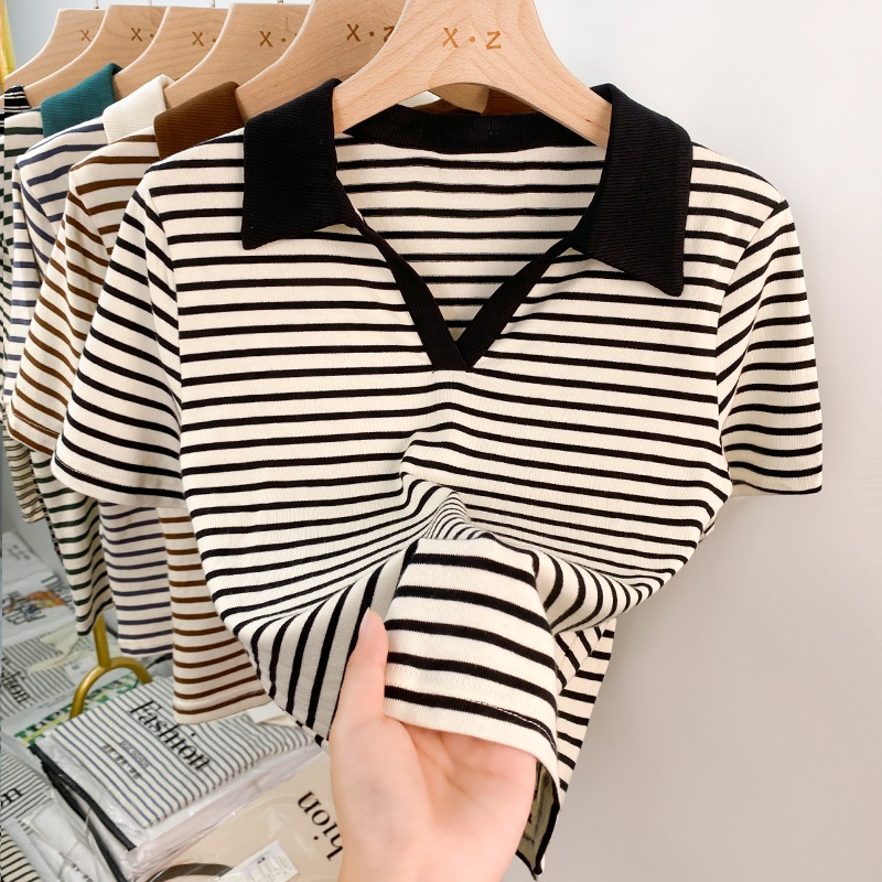 Áo Thun Polo Tay Ngắn Cổ Chữ v Họa Tiết Kẻ Sọc Thời Trang Mùa Hè Hàn Quốc Dành Cho Bạn Nữ 54031