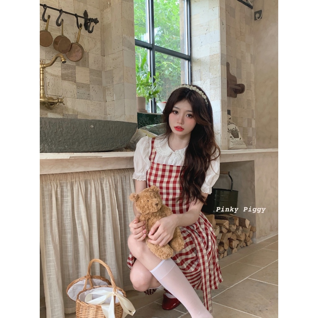 Jiashucheng Bộ Áo Cổ Búp Bê Họa Tiết Sọc Caro Phối Chân Váy Hai Dây Thời Trang Mùa Hè Cho Bạn Gái