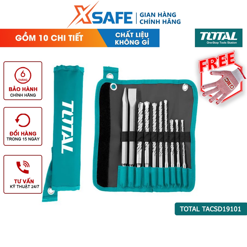 Bộ mũi khoan và mũi đục bê tông 10 chi tiết TOTAL TACSD19101 gồm 8 mũi gài và 2 mũi đục - [XSAFE]