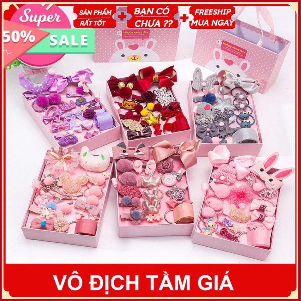 Hộp Phụ Kiện Nơ Kẹp Tóc Cho Bé ❤️RẺ VÔ ĐỊCH❤️ Hộp Dây Buộc Tóc 18 Chi Tiết Phong Cách Hàn Quốc Cho Bé Gái Siêu Xinh .