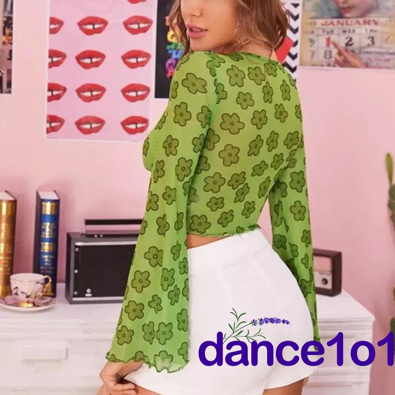 Áo Croptop Tay Loe Dài In Hoa Thời Trang Cho Nữ