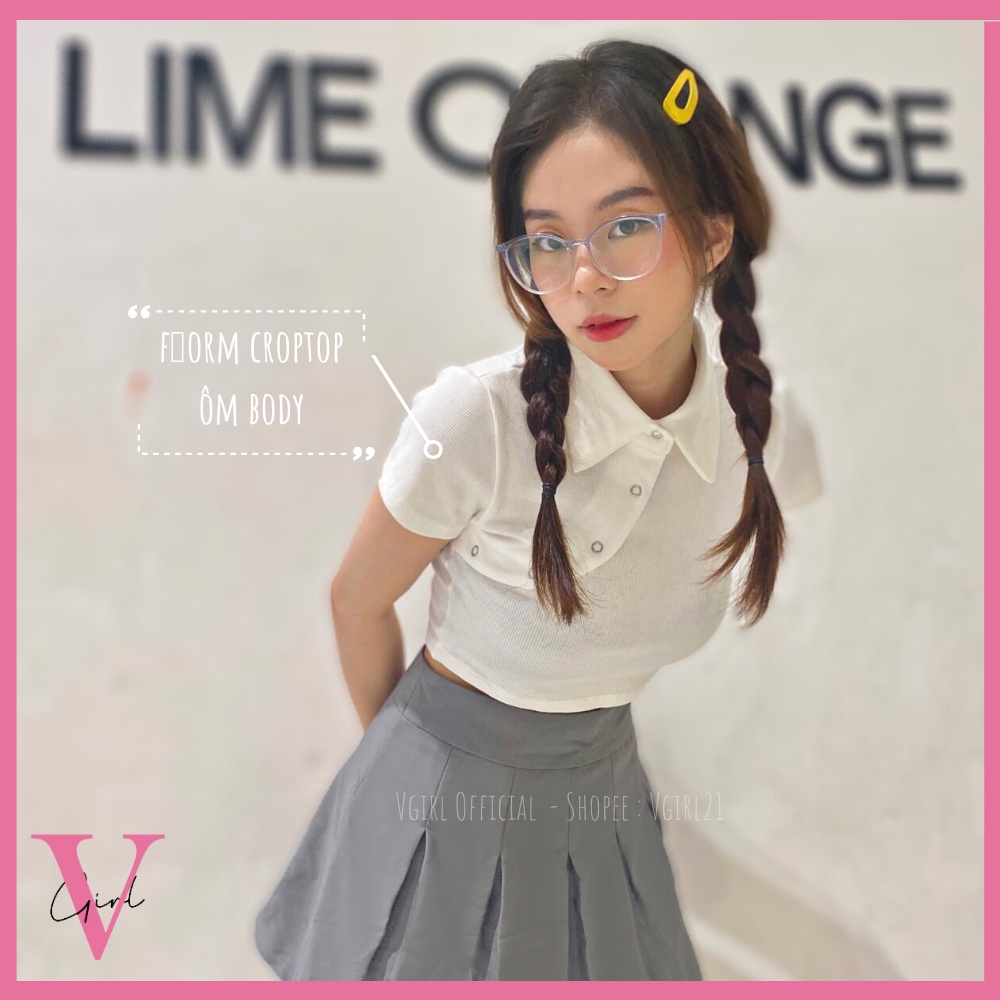 Áo croptop nữ VGIRL cổ polo nút bấm xéo độc lạ [ẢNH ĐỘC QUYỀN]
