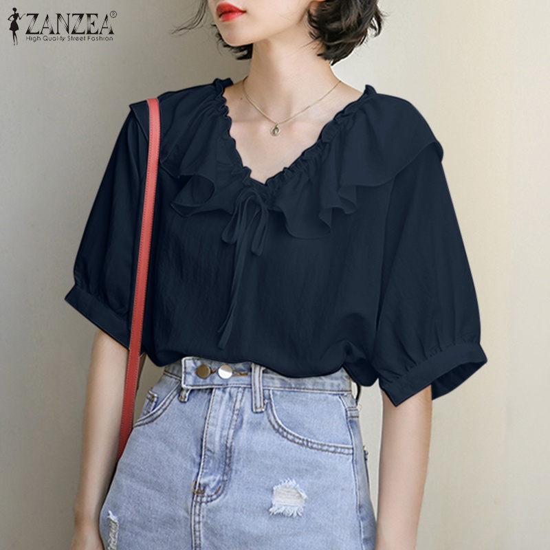 Áo Kiểu Cổ Chữ V Tay Lỡ Phối Bèo Thời Trang Cho Nữ ZANZEA