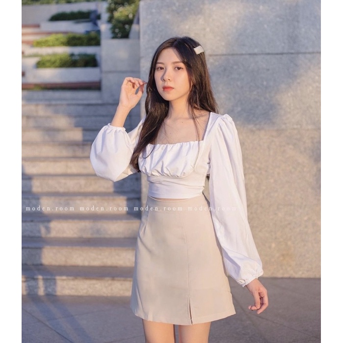 SET ÁO SƠ MI CỔ VUÔNG NƠ LƯNG VÀ CHÂN VÁY CHỮ A