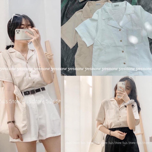 Áo sơ mi nữ cộc tay cổ vest size 2 S M màu be trắng chất đũi siêu mát mặc cực xinh xắn mặc mùa hè siêu đỉnh | BigBuy360 - bigbuy360.vn