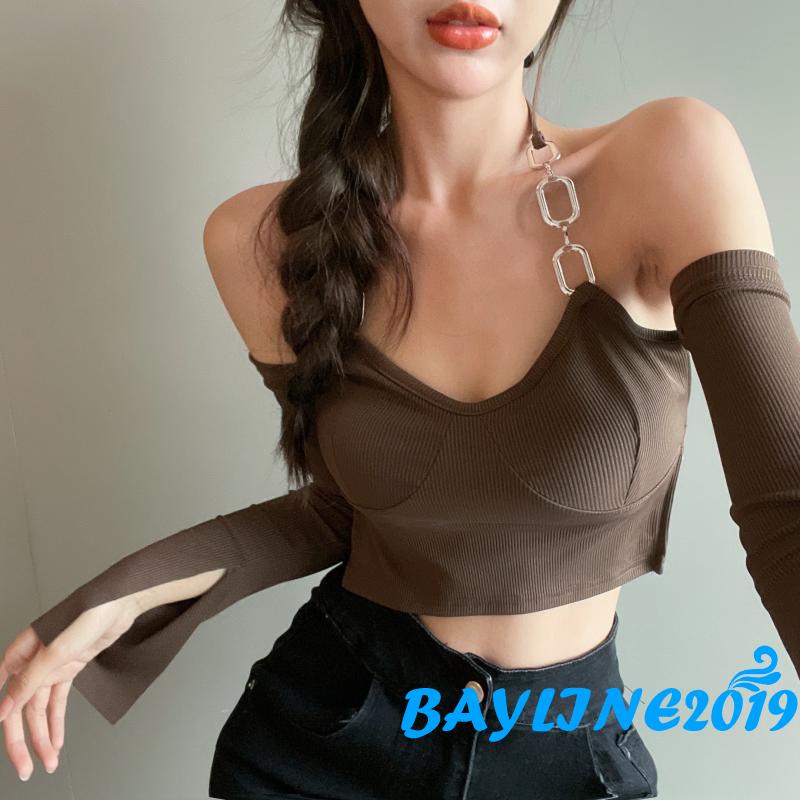 Áo Thun Tay Dài Cổ Thuyền Màu Trơn Hở Rốn Thời Trang Cho Nữ