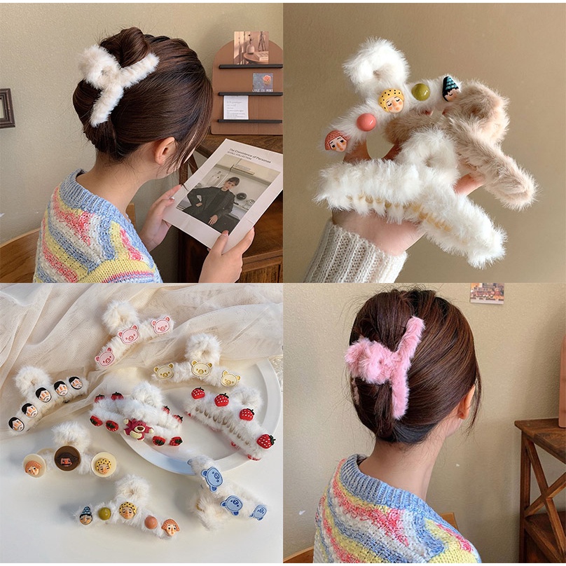 Kẹp tóc hình cá mập phối lông cỡ lớn phong cách Hàn Quốc cho nữ