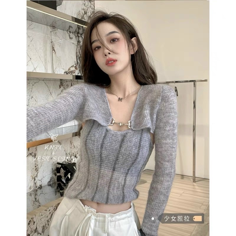 Set áo hai dây len mix cadigan lửng dài tay, set hai chi tiết mặc rời được nhé.