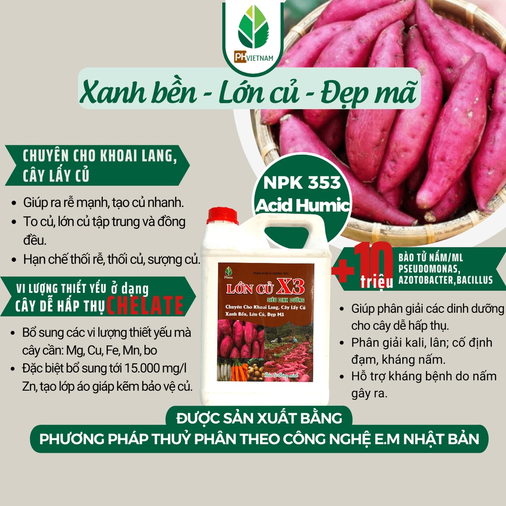 Phân Bón Hữu Cơ Lớn Củ X3 Can 5 Lít – Chuyên Cho Khoai Lang, Cây Lấy Củ – Lớn Củ, Đẹp Mã, Chắc Củ - PH Việt Nam