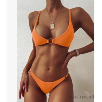 Women Simple Style Solid Color Ring Decoration Bikini Sexy Backless Swimsuit