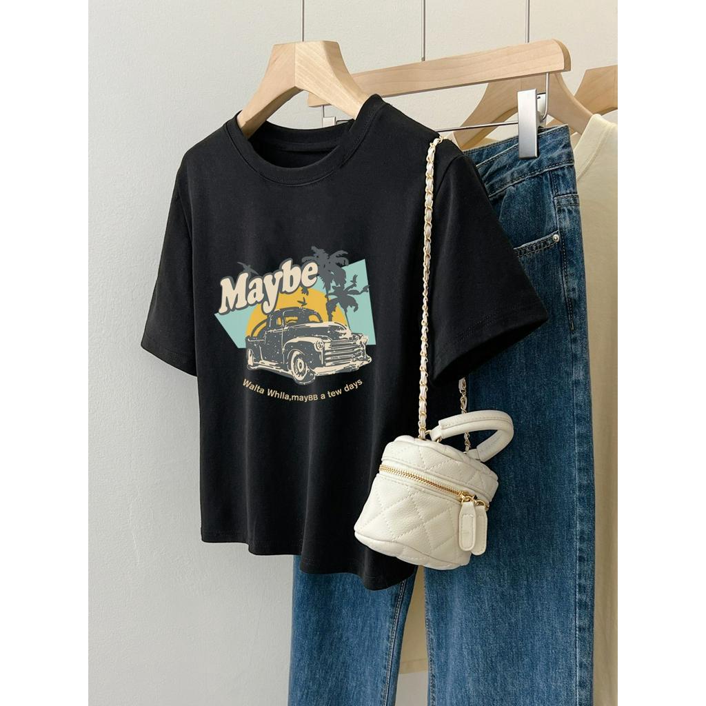 66127 Áo Thun Đen Ngắn Tay In Hoạt Hình Dễ Thương