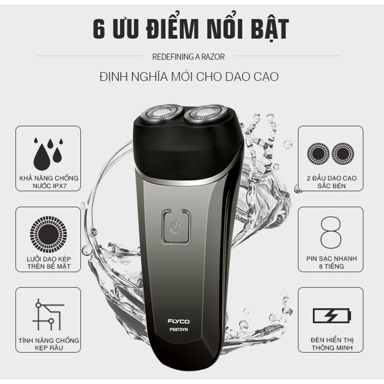 [Hàng Chính Hãng] Máy Cạo Râu Flyco FS873VN 2 Lưỡi Kép Thân Máy Kháng Nước - Bảo Hành Flyco 2 Năm