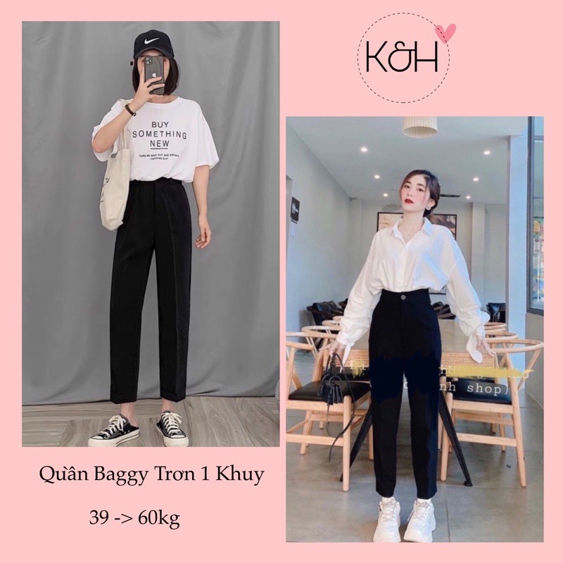 Quần Baggy nữ lưng cao 1 nút KH01, quần baggy vải công sở cạp cao màu đen cho nữ