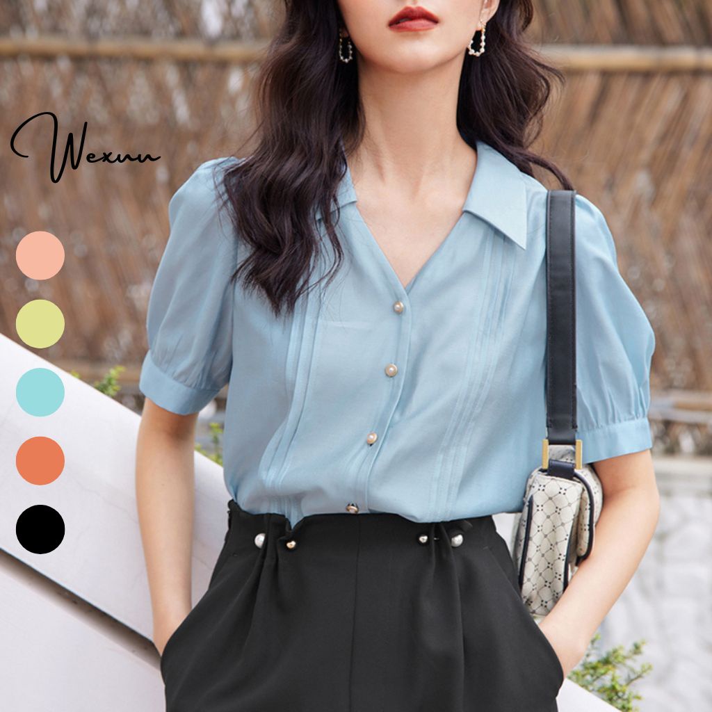 Áo kiểu nữ cổ V tay ngắn xếp li sườn Xuu Design, chất vải đẹp dáng suông công sở SP46