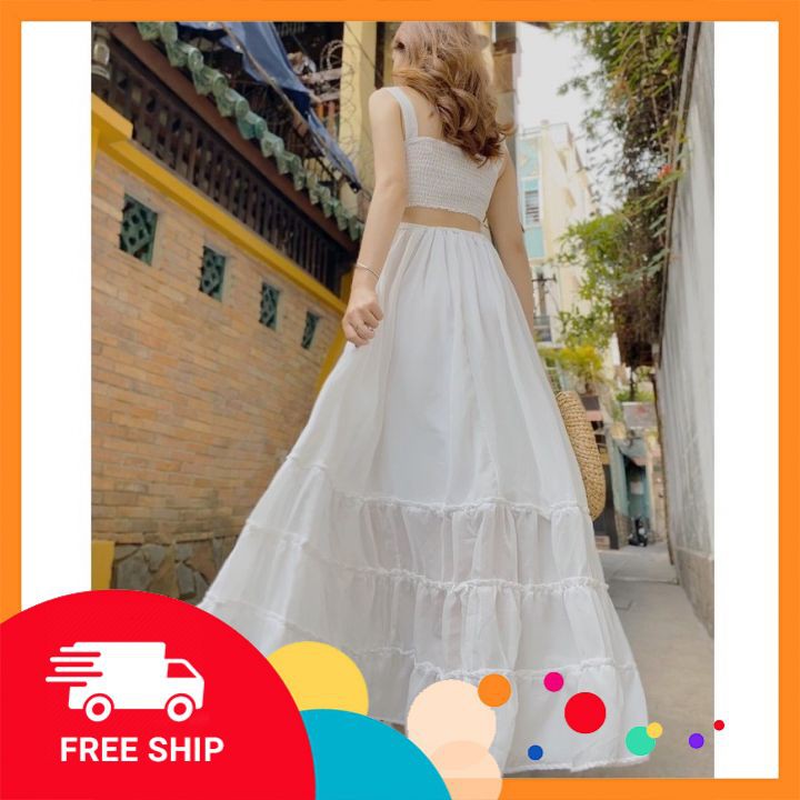 Váy maxi⚡𝗙𝗥𝗘𝗘 𝗦𝗛𝗜𝗣⚡ Đầm maxi 2 dây, dáng xoè phối đuôi cá tầng cách điệu, bo chun eo co dãn tốt, hàng QC cao cấp