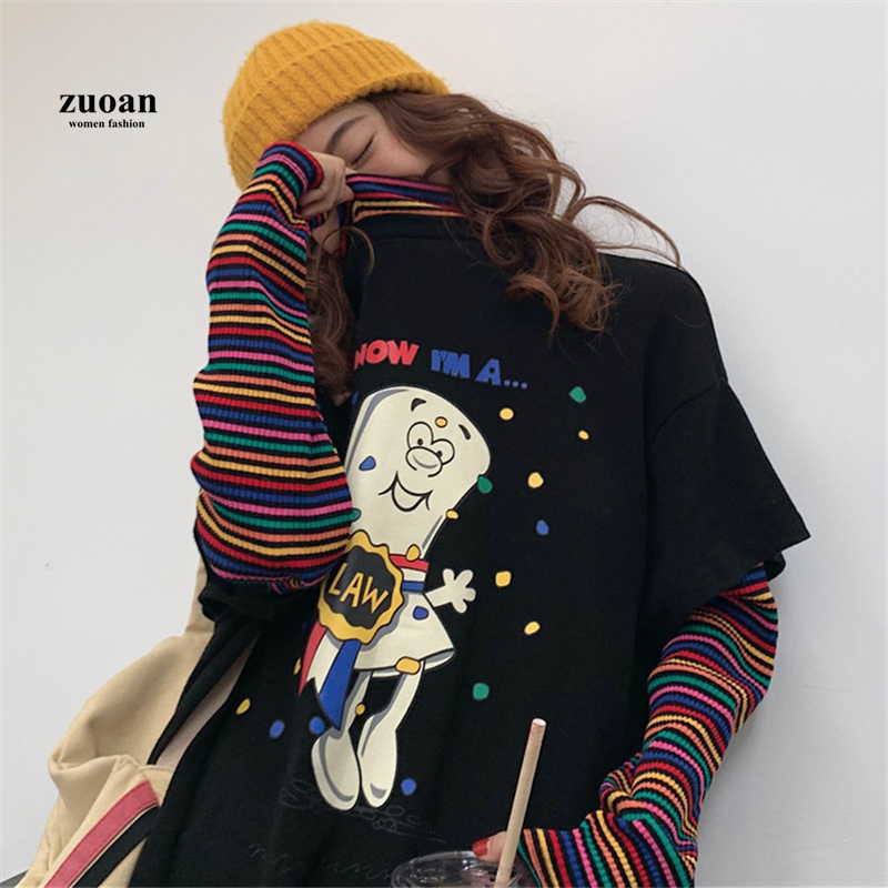 SUXI Áo Thun Hàn Quốc Tay Dài Phối Hoạ Tiết Hoạt Hình