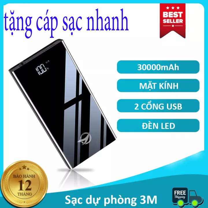 Sạc cực nhanh  FREE SHIP  Pin dự phòng, Sạc dự phòng 20000mah mặt gương đen dung lượng khủng tặng cáp sạc nhanh