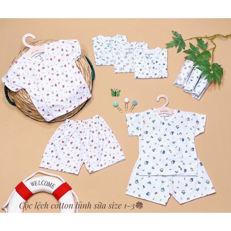 Bộ Quần Áo Cộc Sơ Sinh Cotton Leelee Kid, Vải Trắng in Họa Tiết