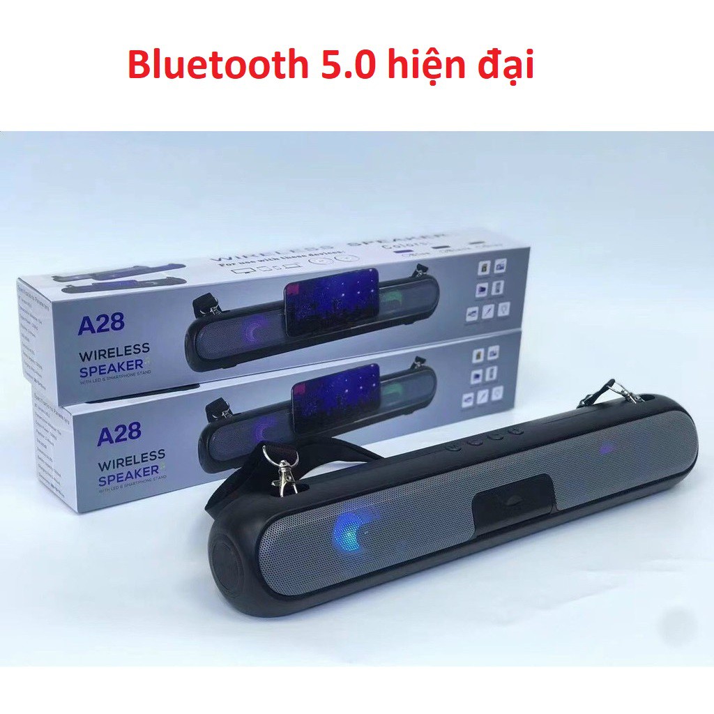 Loa Bluetooth A28 dáng dài đèn LED siêu đẹp, Soundbar vỏ nhôm bền bỉ, tiện dụng, quai đeo dễ dàng mang đi du lịch