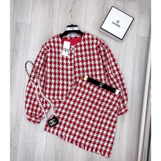 SET VÁY DẠ TWEED KẺ ĐỎ QC SIÊU HOT