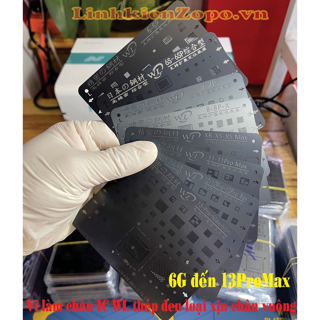 Vỉ làm chân IC WL thép đen Xịn mẫu mới chân Vuông: 6G/6P-6S/6SP-7G/7P-8G/8P/X/XR/XS/XSM/IP 11/ IP 12/ IP13
