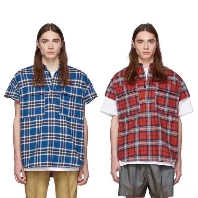 Áo Sơ Mi flannel Mỏng Tay Ngắn Cổ Đứng Họa Tiết Kẻ Sọc Phong Cách Đường Phố Mới