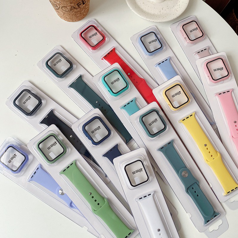 Combo ốp kính cường lực 9H và dây silicon cho Apple Watch đồng Hồ Thông Minh iWatch 1/2/3/4/5/6/SE size 38/40/42/44 mm