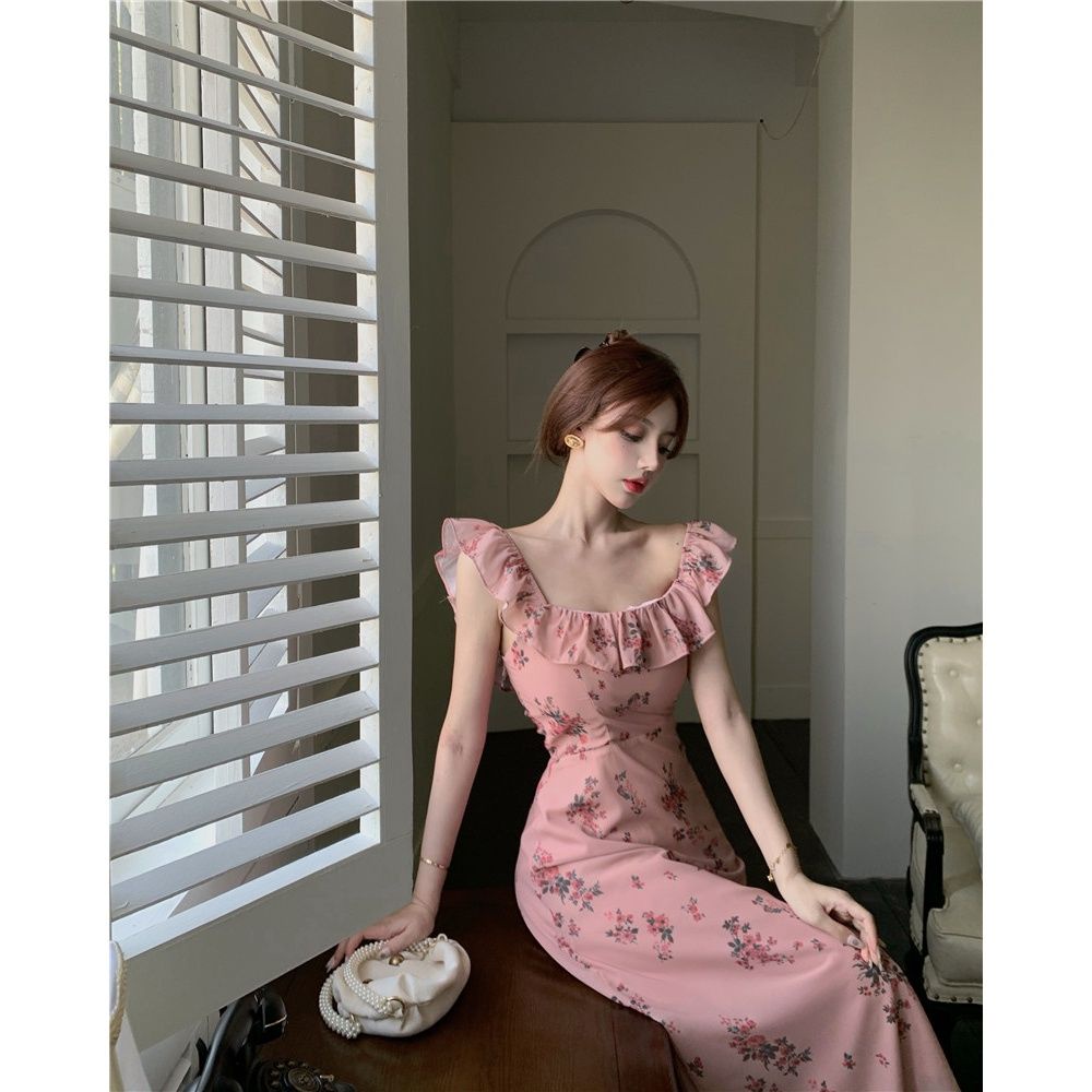 Jiashucheng Đầm Hoa Cổ Vuông Dáng Dài Thời Trang Mùa Hè Pháp Quý Phái Dành Cho Nữ