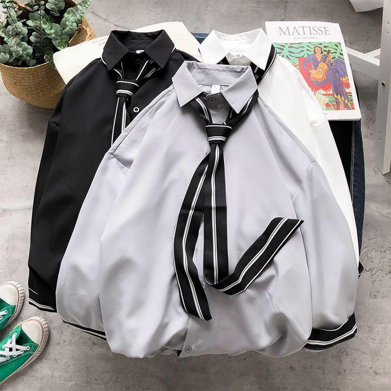 Áo Sơ Mi Tay Dài Họa Tiết Cà Vạt Thời Trang Hàn Quốc Cho Nam Nữ